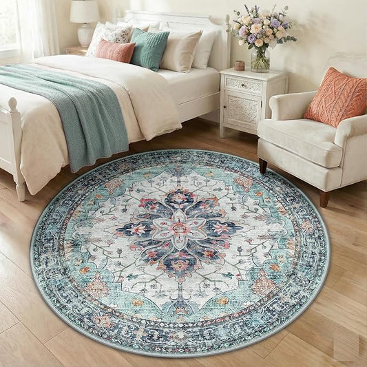 RELEANY Area Rugs Round 5ft Washable Non-Slip, Floral Vintage Distress Print Pattern Medallion Carpet for Living Room Bedroom Dining Room, Green Navy Blue White Red Teal Colorful