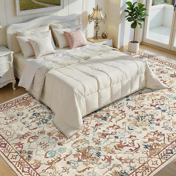 Deerly Beige Colorful Rugs 8x10 for Living Room Soft Non-Slip, Large Vintage Floral Area Rug Retro Tribal Farmhouse Stain Resistant Carpet for Bedroom Dining Room Office Guest Room