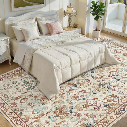 Deerly Beige Colorful Rugs 8x10 for Living Room Soft Non-Slip, Large Vintage Floral Area Rug Retro Tribal Farmhouse Stain Resistant Carpet for Bedroom Dining Room Office Guest Room