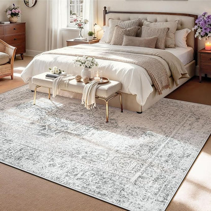 6x9 Area Rugs for Living Room, Washable Vintage Boho Medallion Rug Non Slip Low Pile Floor Carpet for Bedroom Nursery Dining Room (Grey, 6'x9')