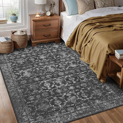 Washable Area Rug 5x7 Black Rugs for Living Room, Vintage Boho Large Rug for Bedroom Dining Room Office, Distressed Floral Print Carpet for Under Table, Soft Non Slip Low Pile Throw Carpet Indoor Mat