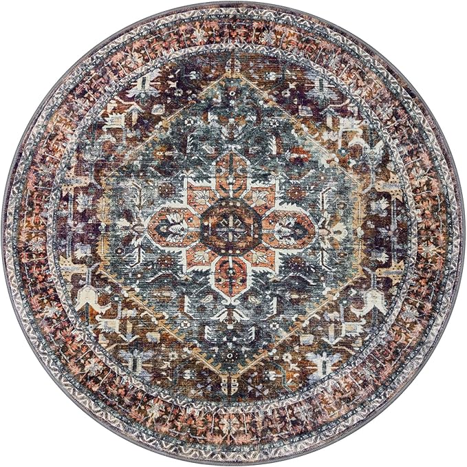 KOZYFLY Round Rug 6 Ft Rugs for Entryway Washable Circle Rug Non Slip Round Living Room Rugs Printed Faux Wool Round Dining Room Floor Carpet Floor Carpet for Entryway, Bedroom, Brick Red/Orange/Green