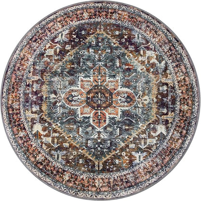 KOZYFLY Round Rug 6 Ft Rugs for Entryway Washable Circle Rug Non Slip Round Living Room Rugs Printed Faux Wool Round Dining Room Floor Carpet Floor Carpet for Entryway, Bedroom, Brick Red/Orange/Green