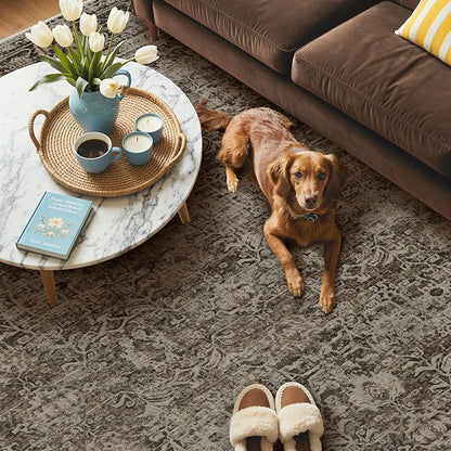 GENIMO 6x9 Area Rug Machine Washable Boho Rug for Living Room,Ultra-Thin Low Pile Carpet,Lightweight Indoor Printed Rug,Non Slip Floral Area Rug for Bedroom, Dining Room, Home Office,Brownish Green