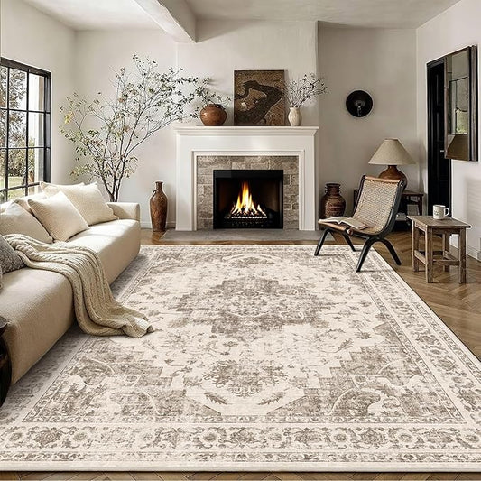 8x10 Vintage Washable Area Rugs Boho Medallion Large Distressed Retro Accent Carpet Floral Non-Slip Soft Low Pile Indoor Throw Rug for Living Room Bedroom Dining Room Office Kitchen, Taupe