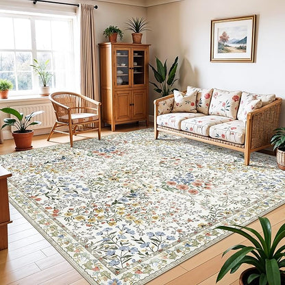 10x10 Square Area Rug Living Room: Boho Floral Washable Mat for Dining Room Bedroom Office High Traffic Area Soft Non Slip Low Pile Indoor Carpet for Vintage Farmhouse Home Decor (10ft Square, Beige)