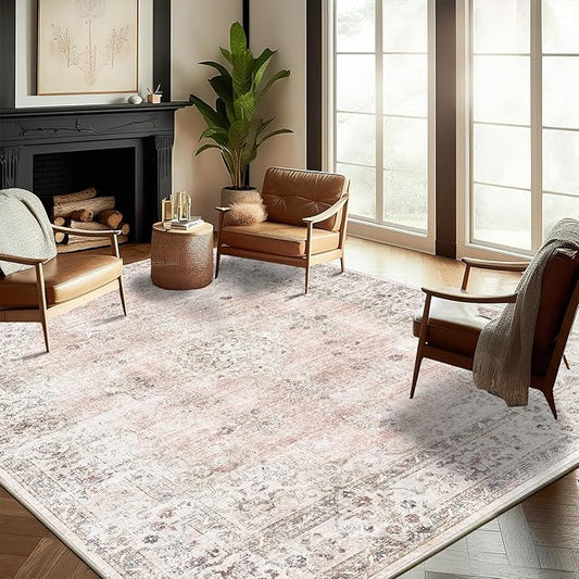 CHAMPLANT Washable Area Rug 9'x12' Retro Boho Design Non-Shedding Easy Care Ideal for High Traffic Areas in Living Room Bedroom Office Coffee Table Kitchen Large Carpet
