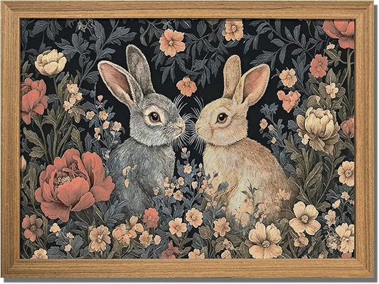 AKWISH Easter Framed 3D Textured Vintage Wall Art - Dark Academia Bunny Decor Hand Drawn Sandstone Paintings with Botanical Florals, Aesthetic Wall Decor for Living Room Bedroom Home 12x16 inch
