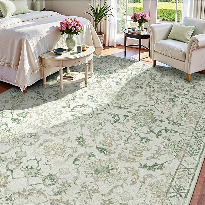 Green Area Rugs 8x10 Rugs for Living Room, Traditional Washable Rugs for Bedroom Distressed Large Area Rug Living Room Rug Non Slip Rug Carpet for Dining Nursery