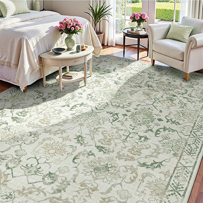 Deerly Green Area Rugs 9x12 for Living Room Soft Non-Slip, Large Bedroom Rug Vintage Dining Room Rug Tribal Farmhouse Carpet for Dining Room Office Green