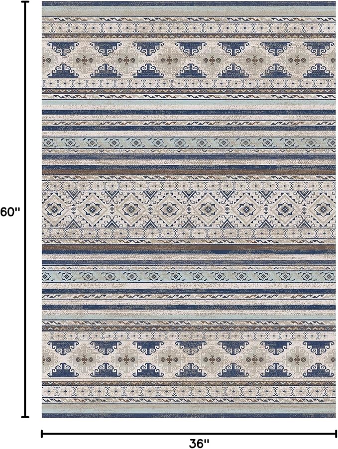RUGSURE Washable Area Rugs 3' x 5 ' - 1/6 Thick - Moroccan-Inspired -Stain & Water Resistant Non-Slip - Resistant Rug for Living Room, Bedroom, Nursery, Pet & Child Friendly (Blue and Brown)