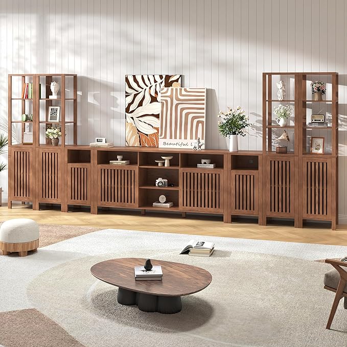 BVIUNTWO Farmhouse TV Stand for 100 inch TVs, Entertainment Center with Bookshelves, 8 Door Media Console with Adjustable Shelves, Storage Cabinet for Living Room Bedroom Home Theater, Rustic Brown