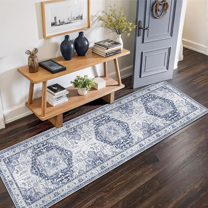 2x8 Washable Hallway Runner Rug - Kitchen Rugs with Non Slip Backing Vintage Soft Farmhouse Entryway Mat for Living Room Laundry Bedroom Bathroom Navy/Blue