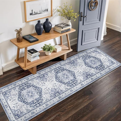 2x8 Washable Hallway Runner Rug - Kitchen Rugs with Non Slip Backing Vintage Soft Farmhouse Entryway Mat for Living Room Laundry Bedroom Bathroom Navy/Blue
