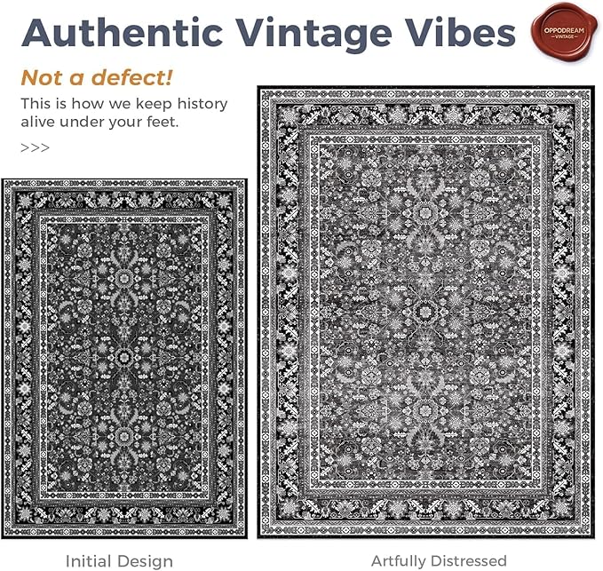 OPPODREAM Vintage Black Round Rug 3ft, 3 ft Retro Washable Circle Rug Non Slip, Low-Pile Faux Wool Circular Carpet, Distressed Floor Mat for Living Room, Bedroom, Office, Dorm, Dinning Room