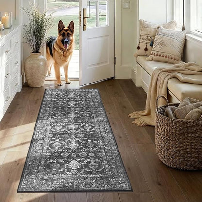 2x5 Black Runner Rug Hallway Washable Area Rugs Kitchen Vintage Boho Non Slip Long Rug Floral Carpet Indoor Retro Soft Low Pile Throw Rug for Bedroom Bathroom Laundry Dining Living Room Office