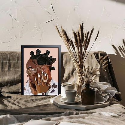Black Girl Canvas Wall Art, African American Fashion Woman Illustration with, Black Wood Framed Vintage Wall Decor, Girls Room Poster Print for Bedroom Living Room Office 12x16 Inch