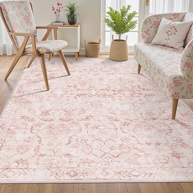 Pink Vintage Area Rug 4x6 for Living Room Bedroom, Washable Distressed Farmhouse Soft Thin Non-Shedding Indoor Throw Rug, Traditional Accent Carpet for Bedroom Office
