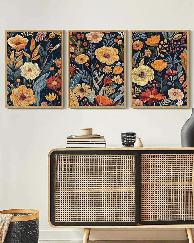 Drsoum Vintage Flower Wall Art Framed Retro Bohemian Boho Colorful Floral Plant Rustic Artwork Nature Botanical Wildflower Prints Bedroom Living Room Ready to Hang 12x16in Natural Framed
