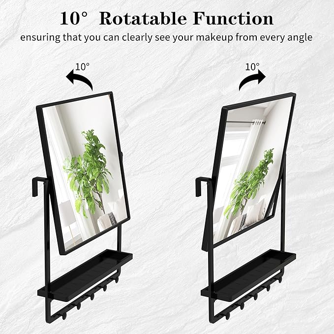 Modern Black Square Wall Mirror with Shelf and Hooks, 21.7 x 29.3 Inch Large Bathroom Mirror with 10° Adjustable Tilt for Entryway, Living Room, Hallway, Bedroom