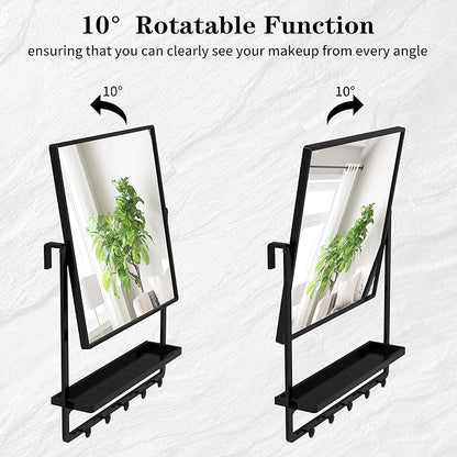 Modern Black Square Wall Mirror with Shelf and Hooks, 21.7 x 29.3 Inch Large Bathroom Mirror with 10° Adjustable Tilt for Entryway, Living Room, Hallway, Bedroom