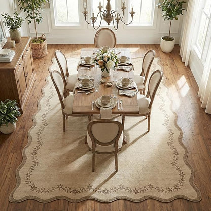 GarveeHome Scalloped Area Rugs 8x10 for Living Room, Solid Tan Jute Large Washable Rug Soft Non Slip Backing Floor Mat Carpet Indoor Thin Rug for Bedroom Dining Room Playroom Nursery Home Decor