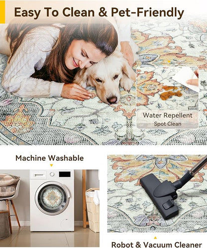 RELEANY Area Rugs Round 5ft Washable Non-Slip, Floral Vintage Distress Print Pattern Medallion Carpet for Living Room Bedroom Dining Room, Light Yellow Carbon Grey Orange