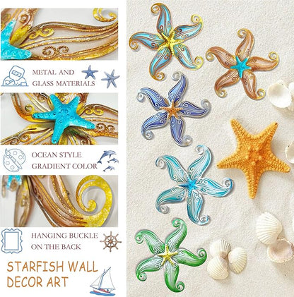 POXOHO Starfish Outdoor Wall Decor, 12" Outdoor Fence Wall Art Decor, Hanging Metal & Glass Sculpture for Garden Fence Patio(Apricot)