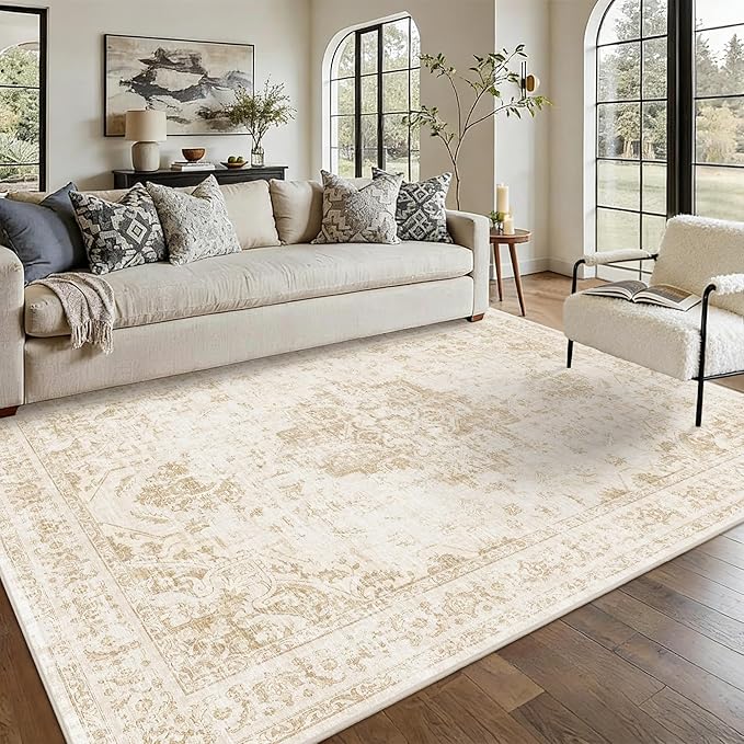 6x9 Vintage Washable Area Rugs Boho Medallion Large Distressed Retro Accent Carpet Floral Non-Slip Soft Low Pile Indoor Throw Rug for Living Room Bedroom Dining Room Office Kitchen, Beige
