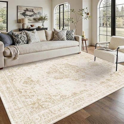 6x9 Vintage Washable Area Rugs Boho Medallion Large Distressed Retro Accent Carpet Floral Non-Slip Soft Low Pile Indoor Throw Rug for Living Room Bedroom Dining Room Office Kitchen, Beige