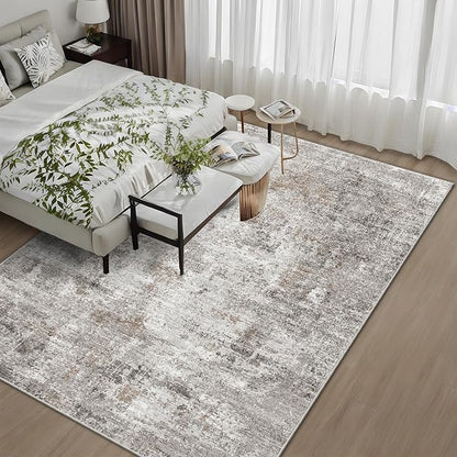 5x7 Non-Slip Machine Washable Area Rug - Modern Abstract Neutral Carpet for Living Room, Bedroom, Kitchen, Dining Room, Office - Soft Low Pile Stain-Resistant Rug with Rubber Backing (Beige, Grey)