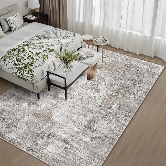 6x9 Washable Living Room Rug – Neutral Modern Abstract Soft Large Area Rug for Bedroom, Dining Room – Non-Slip Low-Pile Thin Carpet (Beige Grey)