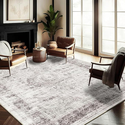 CHAMPLANT Washable Area Rug 9'x12' Floral red Boho Design Non-Shedding Easy Care Ideal for High Traffic Areas in Living Room Bedroom Office Coffee Table Kitchen Large Carpet
