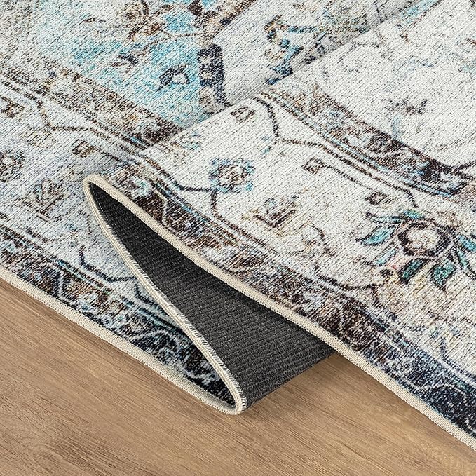 Bloom Rugs Washable Non-Slip 5' x 7' Rug - Beige/Blue Traditional Area Rug for Living Room, Bedroom, Dining Room, and Kitchen - Exact Size: 5' x 7'