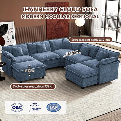 Ihanherry 114" V-Shaped Modern Sofa Modular Sectional Cloud Couch with 2 Ottoman, 7-Seat Chenille Deep Seat Sofa with Corner Section for Living Room, Bedroom and Apartment, Blue