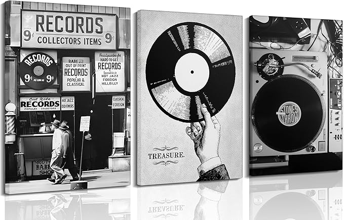 Vintage Music Canvas Wall Art Fashion Black And White Photography Preppy Vinyl Record Painting Picture Wall Decor Bar Rock Music Lovers Poster Print Artwork for Recording Studio Club Home Decoration