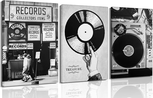 Vintage Music Canvas Wall Art Fashion Black And White Photography Preppy Vinyl Record Painting Picture Wall Decor Bar Rock Music Lovers Poster Print Artwork for Recording Studio Club Home Decoration