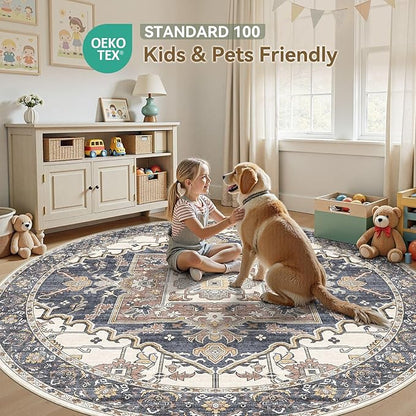8ft Round Rug for Living Room: 8x8 Washable Vintage Blue Beige Area Rug, Large Non Slip Soft Stain Resistant Indoor Floor Carpet for Bedroom Dining Decor Home Office Kid & Pet Friendly