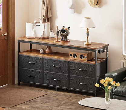 Huuger LED TV Stand for Bedroom, 47 Inch Dresser TV Stand for 43, 50, 55 Inch TV, Rustic Black TV Stand with Storage, Entertainment Center with Power Outlets, 6 Drawer Fabric Dresser for Living Room