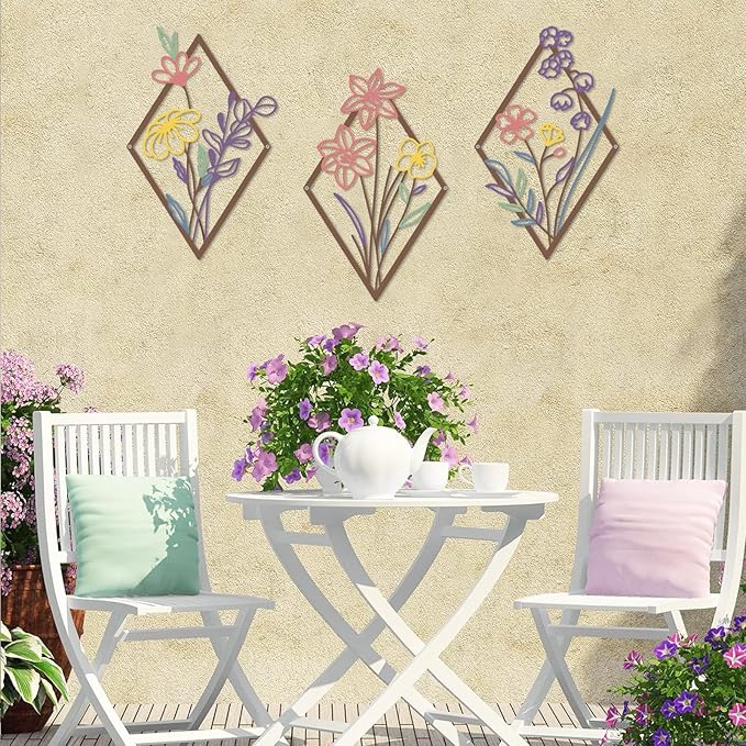 ShxTrade 3 Pcs Metal Flowers Wall Arts, Rustic Farmhouse Decor Minimalist Flower Wall Decors Natural Themed Home Decorations for Bathroom Kitchen Living Room Bedroom (Purple)