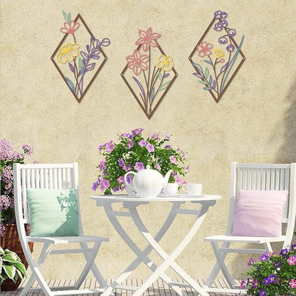 ShxTrade 3 Pcs Metal Flowers Wall Arts, Rustic Farmhouse Decor Minimalist Flower Wall Decors Natural Themed Home Decorations for Bathroom Kitchen Living Room Bedroom (Purple)