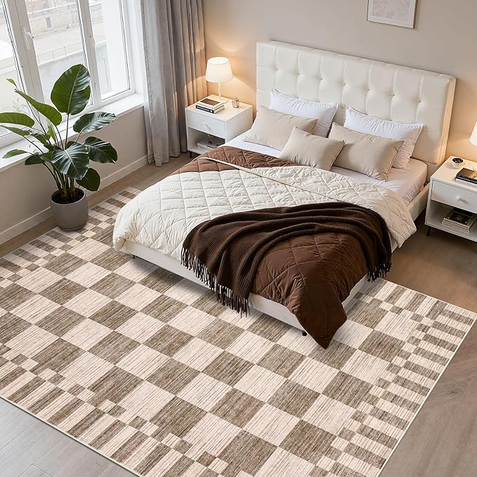 GarveeHome Brown Checkered Rug 5×7 Area Rugs for Living Room，Geometric Tan Brown Print Non-Slip Washable Rug Soft Low-Pile, Neutral Modern Farmhouse Rugs for Bedroom Dining Room Office