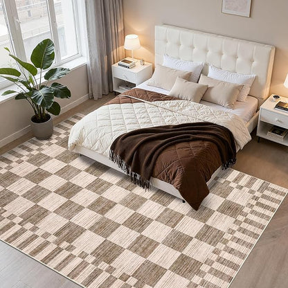 GarveeHome 8×10 Area Rugs for Living Room,Modern Brown Checkered Rug,Geometric Tan Brown Print Non-Slip Washable Farmhouse Checkerboard Rugs for Bedroom Dining Room Office