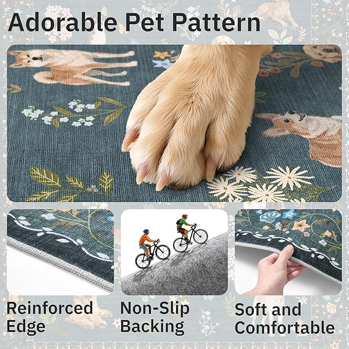 Soalmost Dog 9x12 Area Rugs for Living Room, Machine Washable Animal Floral Vintage Rug Non-Slip Low Pile Soft Throw Large Rugs for Classroom Bedroom Dining Room Nursery Playroom (9 x 12,Navy Blue)