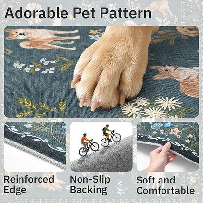 Soalmost Dog 9x12 Area Rugs for Living Room, Machine Washable Animal Floral Vintage Rug Non-Slip Low Pile Soft Throw Large Rugs for Classroom Bedroom Dining Room Nursery Playroom (9 x 12,Navy Blue)
