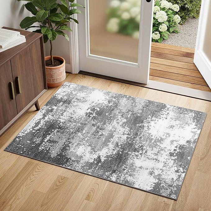 2x4 Washable Porch Rug Grey Welcome Door Mat Entrance 24x48, Small Runner Rugs for Kitchen Floor, Bath, Front Door, Bedroom Bedside, Non-Slip Low Pile Stain & Fade Resistant, Abstract Gray