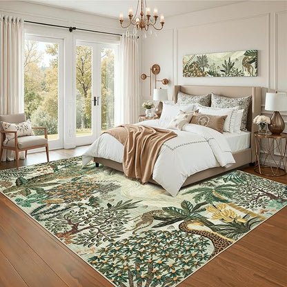 GarveeHome Area Rugs 8x10 for Living Room, Jungle Animal Large Washable Rug Soft Non Slip Backing Floor Mat Carpet Indoor Thin Green Accent Rug for Bedroom Dining Room Playroom Nursery Home Decor