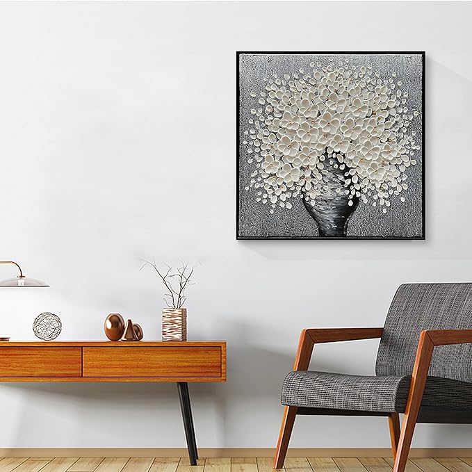24x24 Inch 100% Hand-Painted White Flowers 3D Abstract Decorative Oil Painting, Hall Wall Decorative Frame Wall Art Ready to Hang