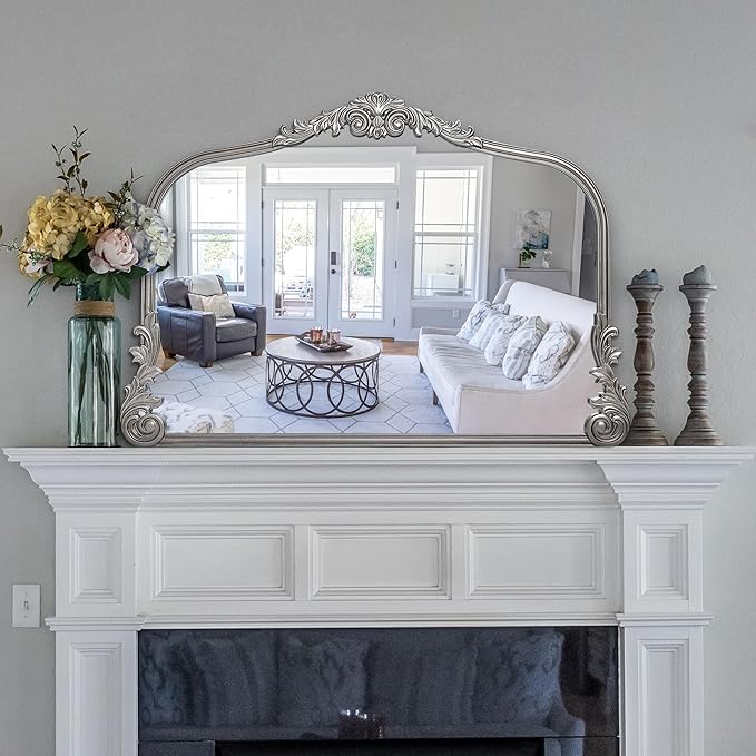 Wylde Iris English Estate Carved Arch Wood Wall Mirror, Mirror for Entryway, Living Room, Bathroom, Antique Silver, 26x37
