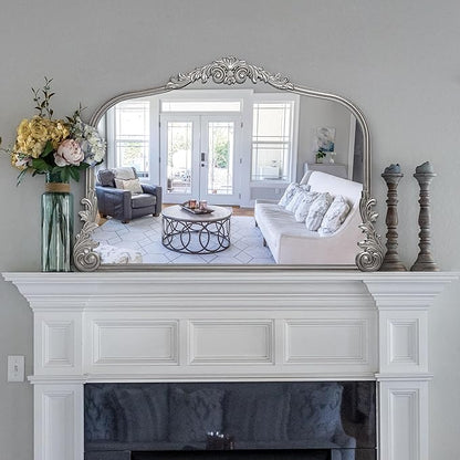 Wylde Iris English Estate Carved Arch Wood Wall Mirror, Mirror for Entryway, Living Room, Bathroom, Antique Silver, 26x37